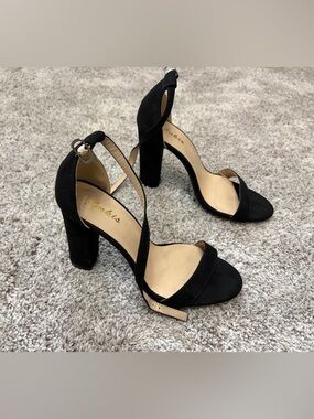 Black Suede Open-Toe Ankle Strap Block Heels
